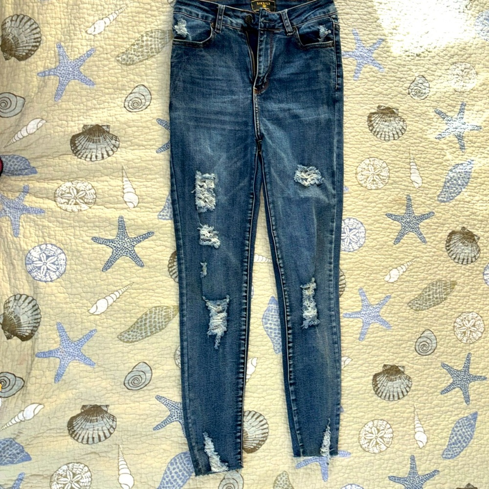 Siksilk women’s Dark blue distressed denim jeans